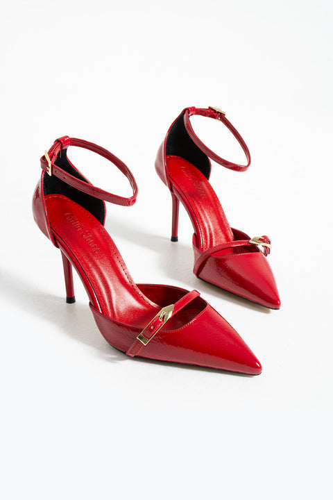 Kırmızı Parlak Kırışık Vegan Deri Stiletto | 9cm İnce Topuk | Sivri Burun | Şık Rahat Kadın Ayakkabı