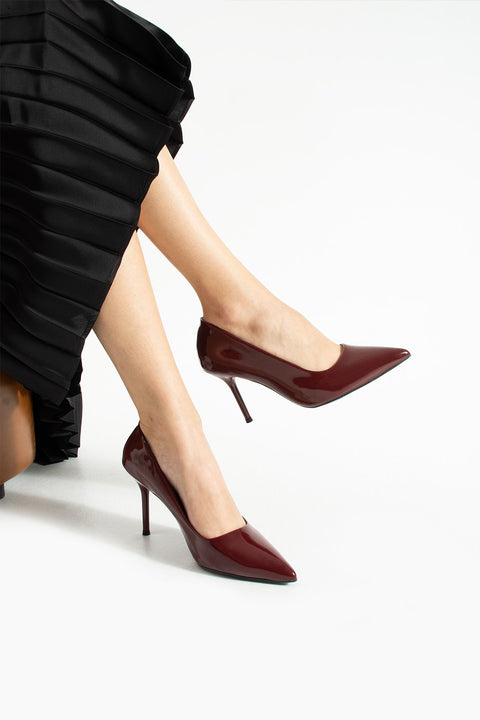 Bordo Rugan  9 cm Vegan Deri İnce Topuklu Stiletto | Etkileyici Şıklık! Mezuniyet Düğün Ofis İçin