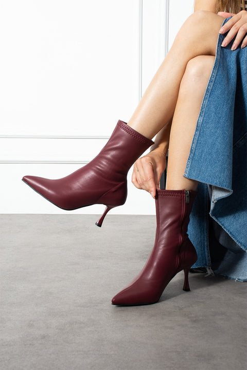 Bordo Streç Bot Kadın İnce Topuk Fermuarlı Rahat Günlük Şık Kombinler İçin Vegan Topuklu Bot