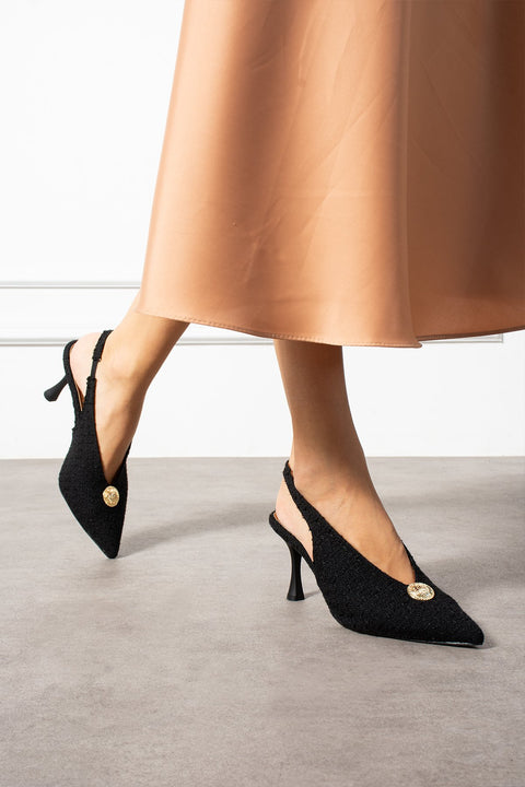 Siyah Kumaş Dokulu Düğme Detaylı Slingback İnce Topuklu Kadın Stiletto