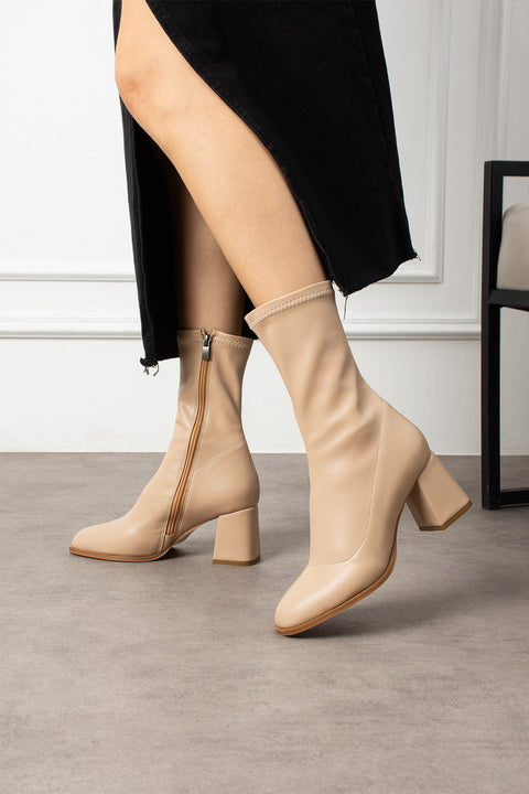 Bej Streç Bot Kadın Kalın Topuk Fermuarlı Rahat Günlük ve Şık Kombinler İçin Vegan Topuklu Bot