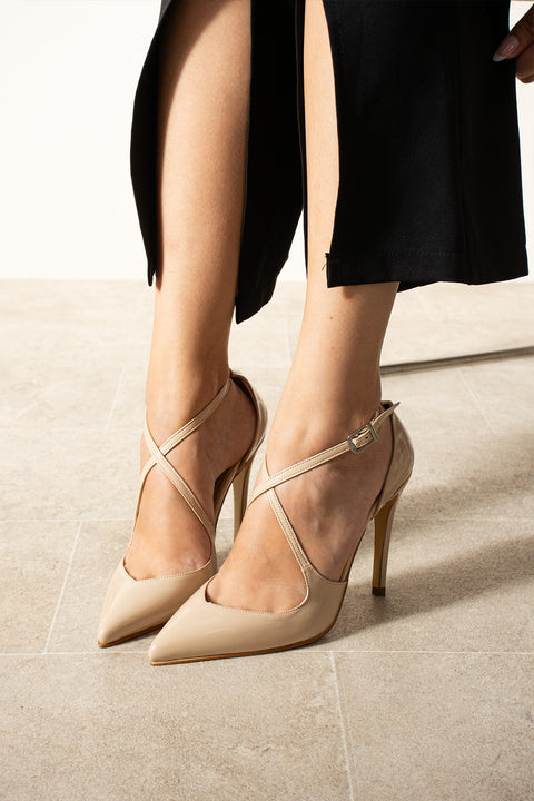 Bej Rugan Çapraz Bantlı Sivri Burun İnce Topuklu Kadın Stiletto Zarif Abiye Topuklu Ayakkabı