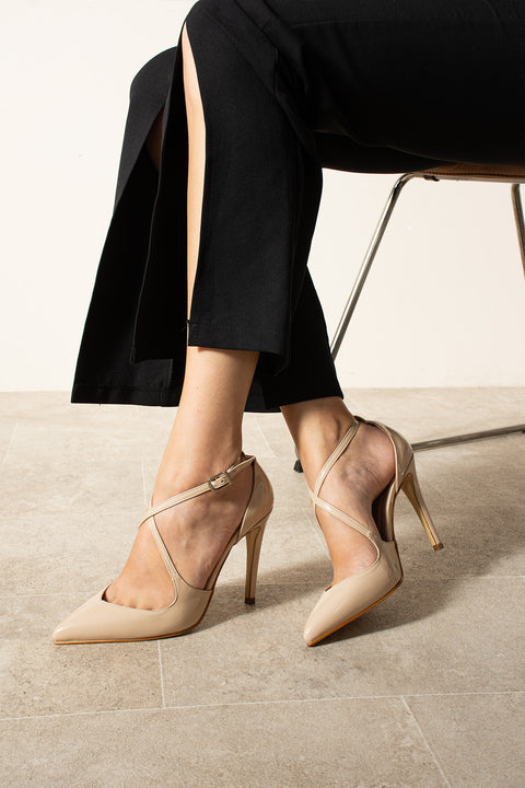 Bej Rugan Çapraz Bantlı Sivri Burun İnce Topuklu Kadın Stiletto Zarif Abiye Topuklu Ayakkabı