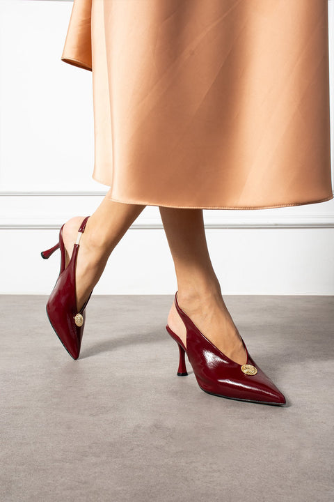 Bordo Rugan Düğme Detaylı Slingback İnce Topuklu Kadın Stiletto – Şık ve Zarif Abiye Ayakkabı