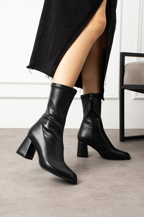 Siyah Streç Bot Kadın Kalın Topuk Fermuarlı Rahat Günlük ve Şık Kombinler İçin Vegan Topuklu Bot