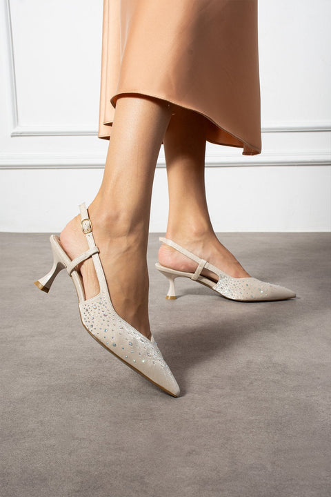 Bej Taş Detaylı İnce Topuklu Slingback Stiletto – Şık ve Zarif Abiye Kadın Ayakkabı