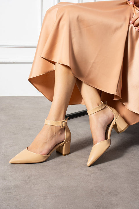 Kadın Nude Kalın Topuklu Bilekten Bağcıklı Sivri Burun Klasik Günlük ve Abiye Ayakkabı
