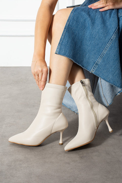 Krem Streç Bot Kadın İnce Topuk Fermuarlı Rahat Günlük Şık Kombinler İçin Vegan Topuklu Bot