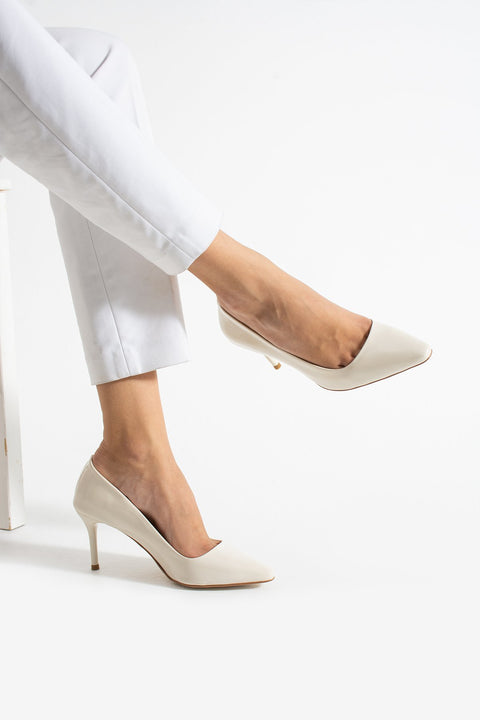 Krem Parlak Vegan Deri Topuklu Ayakkabı |7cm Ince Topuk | Şık Stiletto