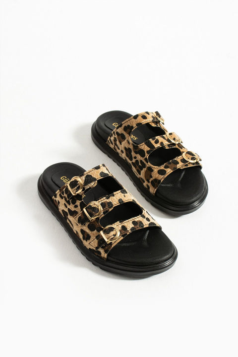 Leopar Desenli Üç Tokalı Ortopedik Kadın Terlik – Işıltılı Yazlık Model