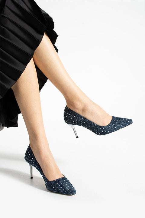 Mavi Kot Görünümlü Taşlı Vegan Deri Ayakkabı – 7cm Topuklu Rahat ve Şık Kadın Model