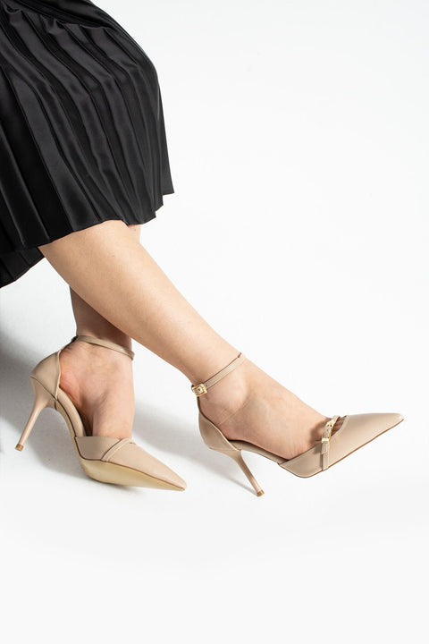 Bej Mat Vegan Deri Stiletto – 9cm İnce Topuklu Rahat Kalıp Günlük Kadın Ayakkabısı