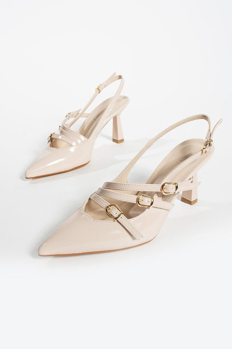 Bej Rugan Stiletto – Parlak Vegan Deri Topuklu Kadın Ayakkabı | Günlük ve Özel Gün Şıklığı için Sivri Burunlu Şık Model