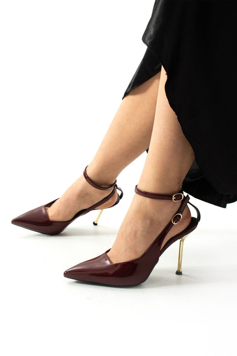 Bordo Rugan Stiletto – Altın Topuklu Bilekten Tokalı Sivri Burunlu Şık ve Rahat Vegan Kadın Ayakkabı