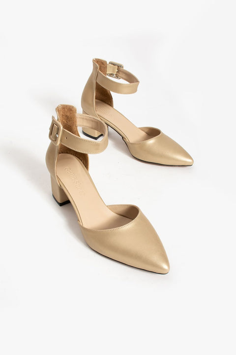 Altın Sarısı Topuklu Abiye Kadın Ayakkabı – 5.5 cm Kalın Topuklu, Zarif ve Şık Gelinlik & Özel Gün Uyumlu Stiletto