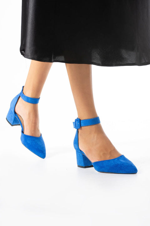 Mavi Süet Topuklu Abiye Kadın Ayakkabı – 5.5 cm Kalın Topuklu, Şık ve Zarif Stiletto Model, Gelinlik & Özel Gün Uyumlu