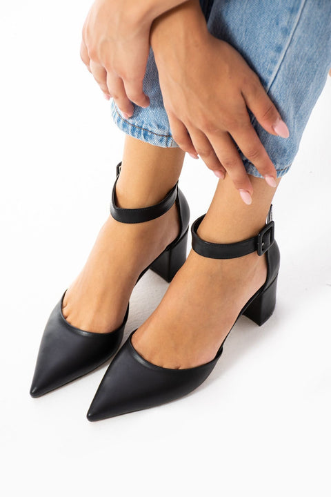 Siyah Topuklu Abiye Kadın Ayakkabı – 5.5 cm Kalın Topuklu, Şık ve Zarif Stiletto Model, Gelinlik ve Özel Gün Uyumlu