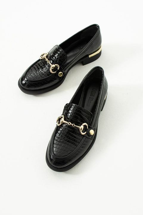 Siyah Timsah Desenli Tokalı Kadın Loafer – Değiştirilebilir Altın Tokalı, Suni Deri, Rahat ve Günlük Klasik Model
