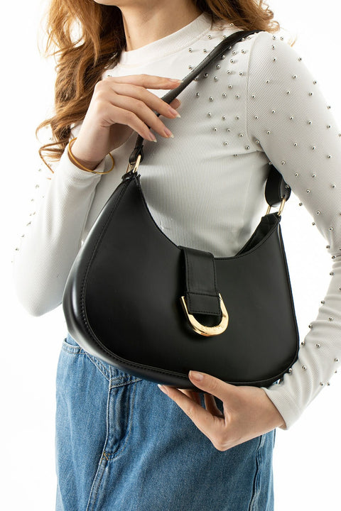 Siyah Mat Suni Deri Tokalı Kadın Omuz ve Kol Çantası – Günlük Kullanıma Uygun, Fermuarlı ve Bölmeli Model