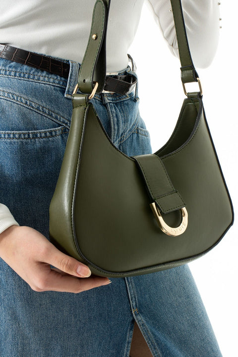 Yeşil Mat Suni Deri Tokalı Kadın Omuz ve Kol Çantası – Günlük Kullanıma Uygun, Fermuarlı Bölmeli Model