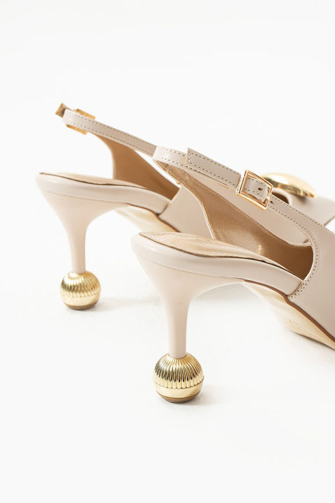 Krem Mat Vegan Deri Stiletto – 7cm İnce Topuklu Gold Detaylı Günlük ve Ofis Uyumlu Şık Kadın Ayakkabı