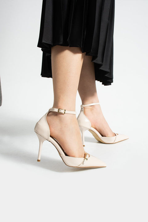 Krem Parlak Kırışık Vegan Deri Stiletto – 9cm İnce Topuklu Sivri Burun Şık Kadın Ayakkabı