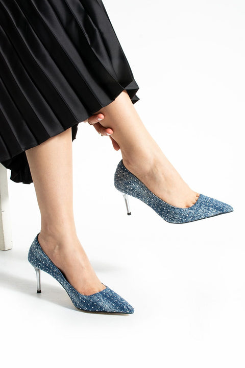 Mavi Jeans Kot Taş İşlemeli Stiletto – 7cm Metal Topuklu Sivri Burun Şık ve Rahat Kadın Ayakkabı