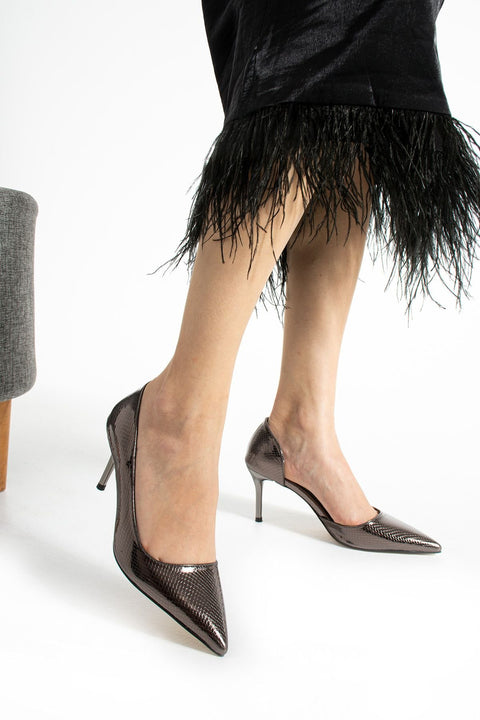 Metalik Füme Yılan Derisi Desenli Vegan Deri Stiletto – 7cm İnce Topuklu Sivri Burun Şık Kadın Ayakkabı