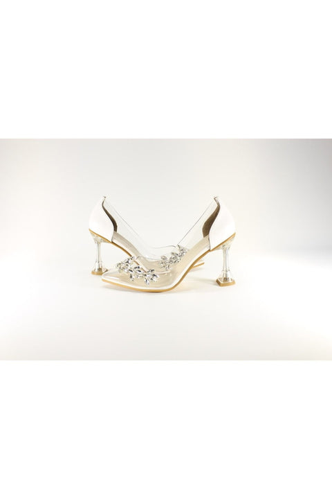 Princess Şeffaf Topuklu Beyaz Mat Rengi Kadın Ayakkabı Abiye Ayakkabı Topuk Boyu 8 cm