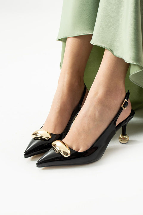 Siyah Rugan Vegan Deri 7cm İnce Topuklu Stiletto | Gold Detaylı Şık Kadın Ofis Abiye Günlük Ayakkabı