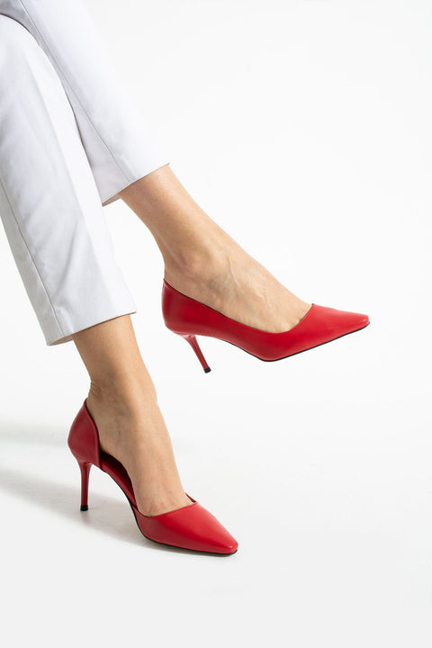 Mat Kırmızı Vegan Deri Stiletto – 7cm İnce Topuklu Günlük & Ofis Kadın Ayakkabısı