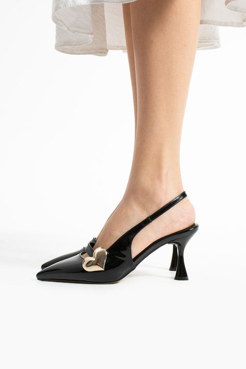 Siyah Rugan Kalp Tokalı Kadın Topuklu Ayakkabı – 7cm Rahat Vegan Stiletto