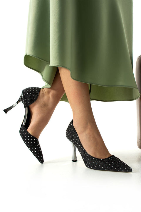 Siyah Kot Kumaş İnci Detaylı Stiletto – Metalik İnce Topuklu Lüks Kadın Ayakkabı