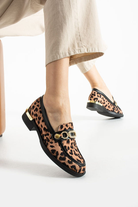Leopar Desenli Saten Zincirli Loafer – Kadın Günlük Ayakkabı, Rahat Kalın Taban, Şık ve Ofis Uyumlu Model