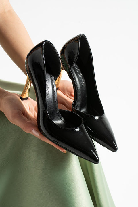 Siyah Rugan Altın Topuklu Sivri Burun Klasik Kadın Stiletto Ayakkabı – Vegan Deri Şık Model