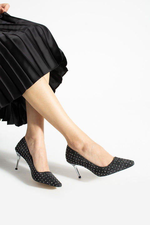 Siyah Kot Görünümlü Taşlı Vegan Deri Ayakkabı – 7cm Topuklu Rahat ve Şık Kadın Model