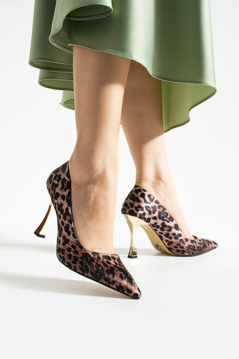 Altın Topuklu Leopar Desenli Saten Kadın Stiletto | Şık, Zarif, Göz Alıcı ve Özgüvenli Model