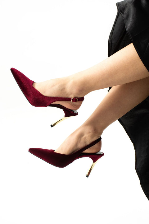 Bordo Kadife Altın Topuklu Stiletto – İnce Topuklu Şık Abiye Kadın Ayakkabısı