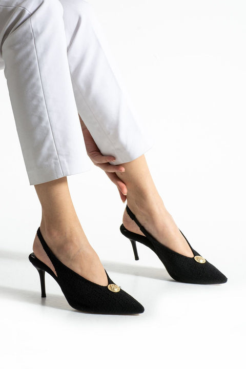 Siyah Kumaş Dokulu Tokalı Slingback Stiletto – İnce Topuklu Zarif ve Rahat Kadın Ayakkabı
