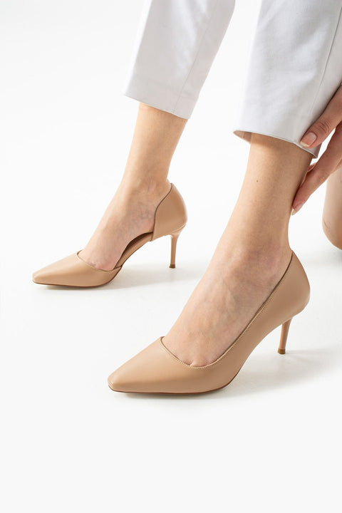 Mat Bej Vegan Deri Stiletto – 7cm İnce Topuklu Günlük & Ofis Kadın Ayakkabısı