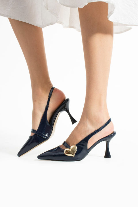 Lacivert Rugan Kalp Tokalı Kadın Topuklu Ayakkabı – 7cm Rahat Vegan Stiletto