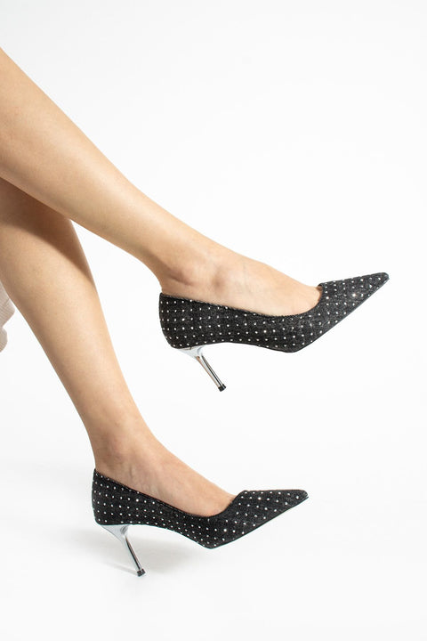 Siyah Kot Kumaş Taşlı Vegan Deri Ayakkabı – İnce Topuklu Günlük, Ofis ve Özel Gün Uyumlu Şık Kadın Model