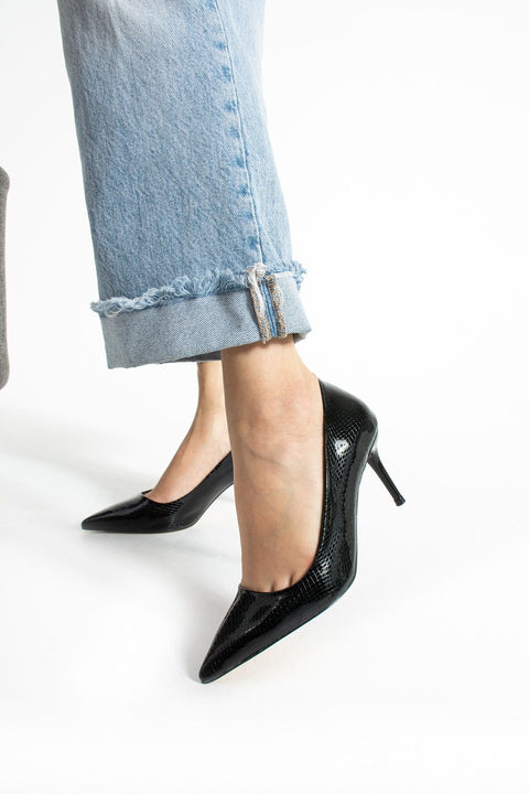 Siyah Vegan Deri Yılan Desenli 7 cm İnce Topuklu Sivri Burun Şık Rahat Kadın Stiletto Ayakkabı