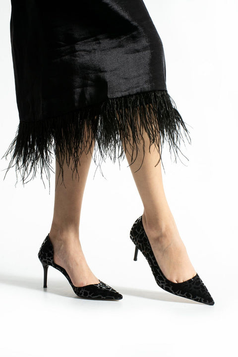 Siyah Leopar Desenli Kadife Stiletto – İnce Topuklu Sivri Burun Şık ve Zarif Kadın Ayakkabı