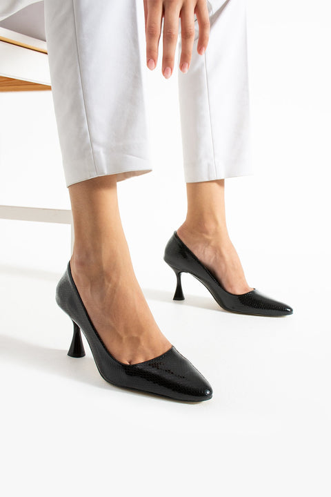 Siyah Yılan Derisi Desenli İnce Topuklu Stiletto Şık Rahat Vegan Deri Kadın Topuklu Ayakkabı