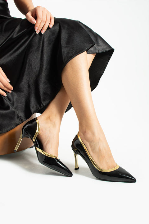 Siyah Rugan Stiletto Sivri Burun Altın Biyeli Metal İnce Topuk Klasik Abiye Topuklu Ayakkabı