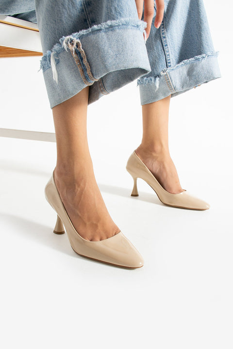 Bej Rugan Vegan Deri 7cm İnce Topuklu Hafızalı Pedli Sivri Burun Günlük Ofis Abiye Stiletto