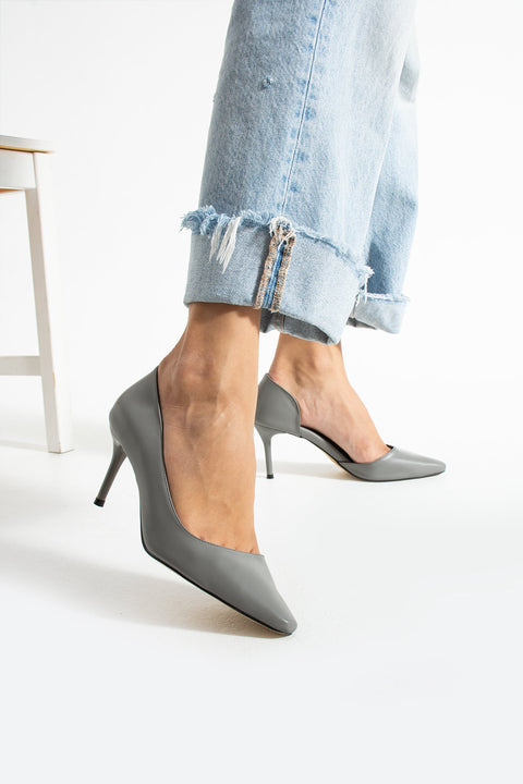 Şık Mat Gri Vegan Deri Stiletto | 7 cm İnce Topuklu Günlük Rahat Ofis Ayakkabısı Neolit Taban