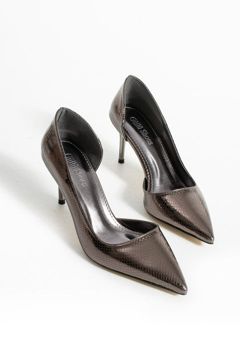 Metalik Füme Yılan Derisi Desenli Vegan Deri İnce Topuklu Ayakkabı 7cm , Sivri Burun, Şık&Rahat