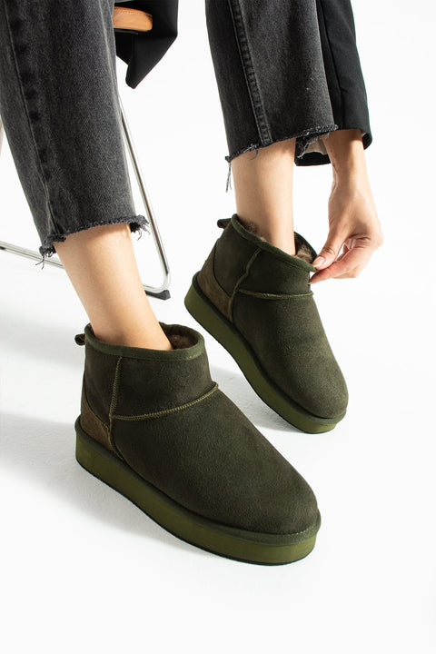 Haki Süet İçi Kürklü Kışlık Kadın Bot – Süet Kısa Bot, Kadın Kışlık Ayakkabı, Kürklü Kadın Bot